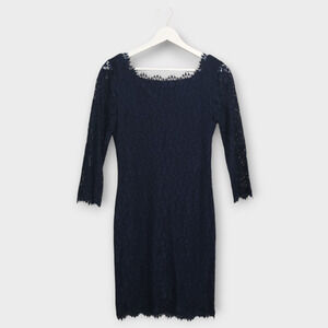 Diane Von Furstenberg Dress Womens Size 2 Navy Blue Zarita Lace Floral Sheath
